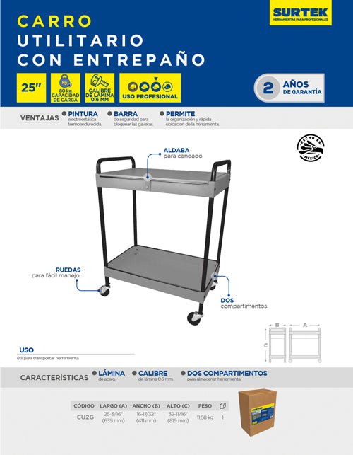 Carro utilitario de lámina 25" 2 niveles Surtek - FERRETERÍA WITZI