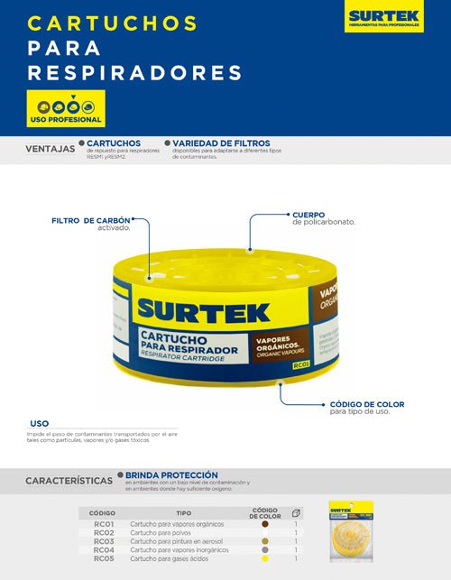 Cartucho para respirador con protección para polvo Surtek - FERRETERÍA WITZI