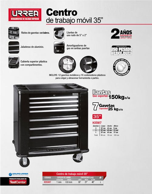 Centro de trabajo móvil 7 gavetas 35" serie H Urrea - FERRETERÍA WITZI