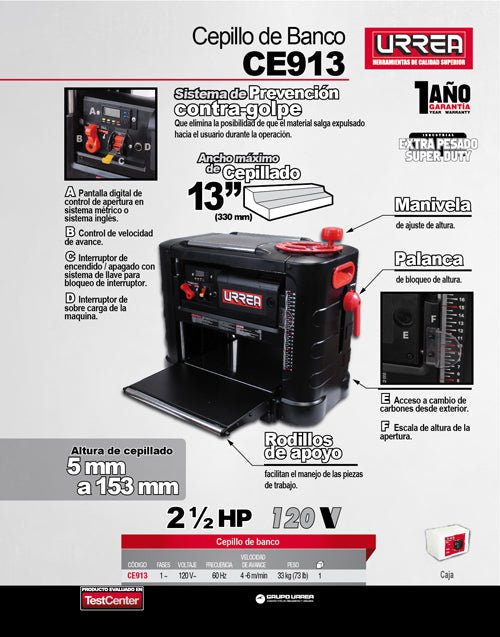 Cepillo estacionario 13" 2-1/2 HP 120 V Urrea - FERRETERÍA WITZI