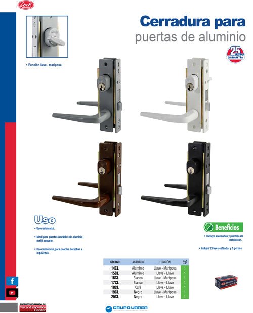 Cerradura clásica para puerta de aluminio función doble, blanco, llave estándar Lock - FERRETERÍA WITZI