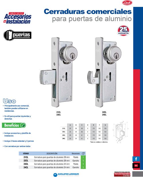 Cerradura comercial para puerta de aluminio, de gancho, llave estándar, 24 mm Lock - FERRETERÍA WITZI