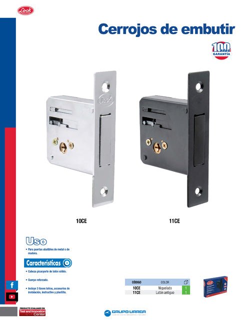 Cerrojo para embutir auxiliar, función doble, latón antiguo, llave tetra, en caja Lock - FERRETERÍA WITZI