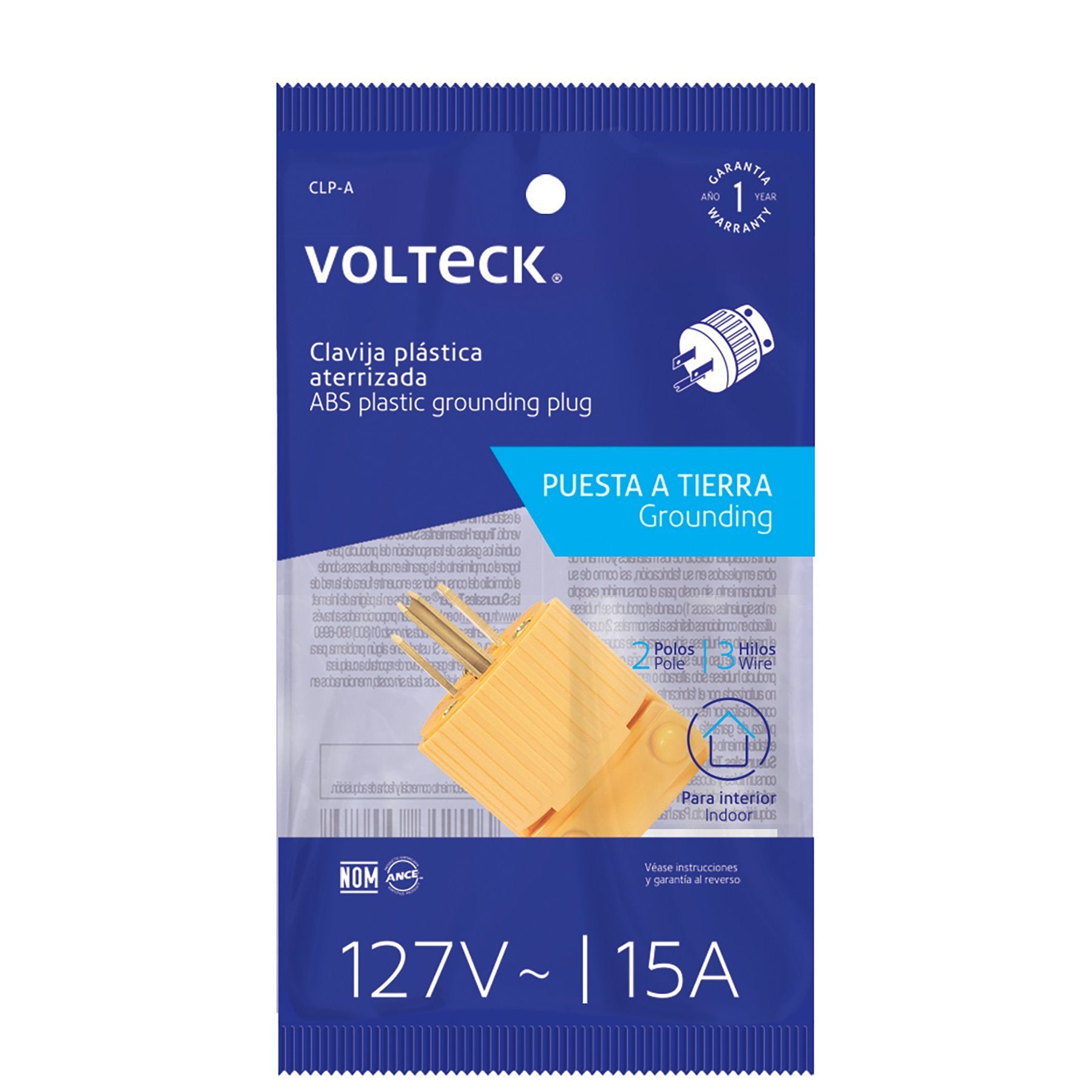 Clavija industrial, plástica, 2 polos, 3 hilos, 15A, 127V, Volteck. - FERRETERÍA WITZI