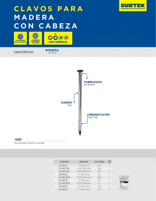 Clavo para madera con cabeza, 1kg Surtek - FERRETERÍA WITZI