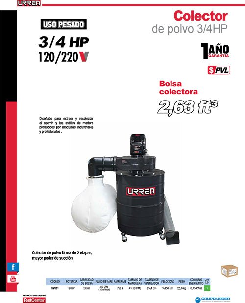 Colector de polvo 3/4 HP 120 V - 220 V Urrea - FERRETERÍA WITZI