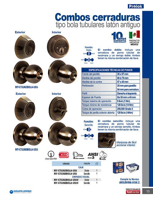 Combo de pomo bola función doble, latón antiguo, llave estándar, blíster Prolok - FERRETERÍA WITZI