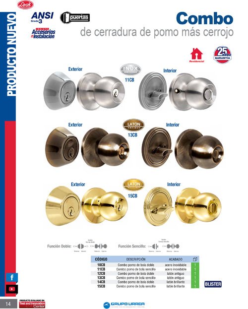 Combo de pomo bola función sencilla, acero inoxidable, llave estándar, blíster Lock - FERRETERÍA WITZI