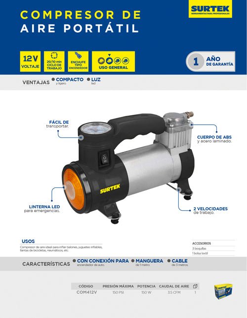 Compresor de aire 150 PSI 12 V Surtek - FERRETERÍA WITZI