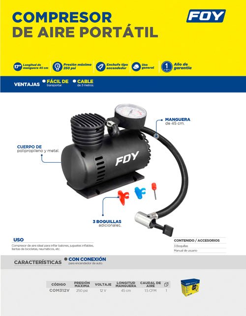 Compresor de aire 250 PSI 12 V Foy - FERRETERÍA WITZI