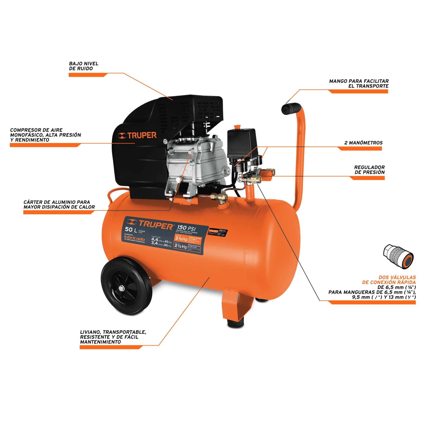 Compresor horizontal, 50 L, 3-1/2 HP, 127 V, Truper - FERRETERÍA WITZI