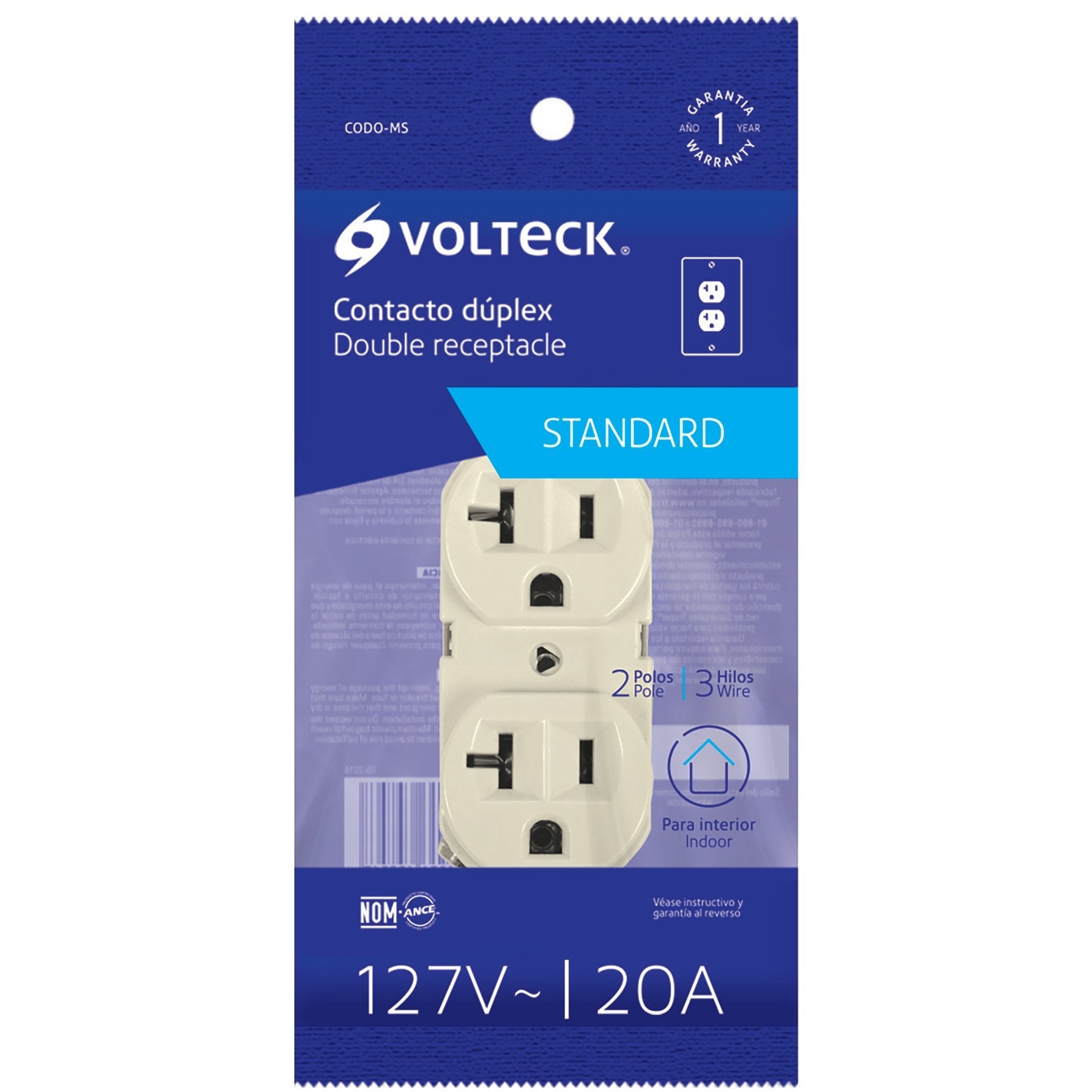 Contacto Dúplex, 2 Polos, 3 Hilos, 20A, Línea Estándar, Volteck - FERRETERÍA WITZI