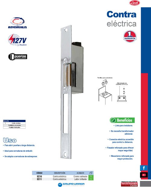Contra eléctrica con bobina, cromo satinado, en caja Lock - FERRETERÍA WITZI