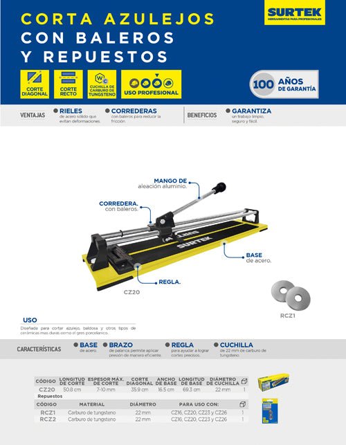 Corta azulejos con baleros 20" Surtek - FERRETERÍA WITZI