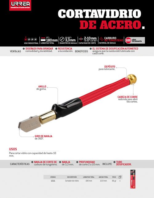 Cortador de vidrio o cristal de 5" Urrea - FERRETERÍA WITZI