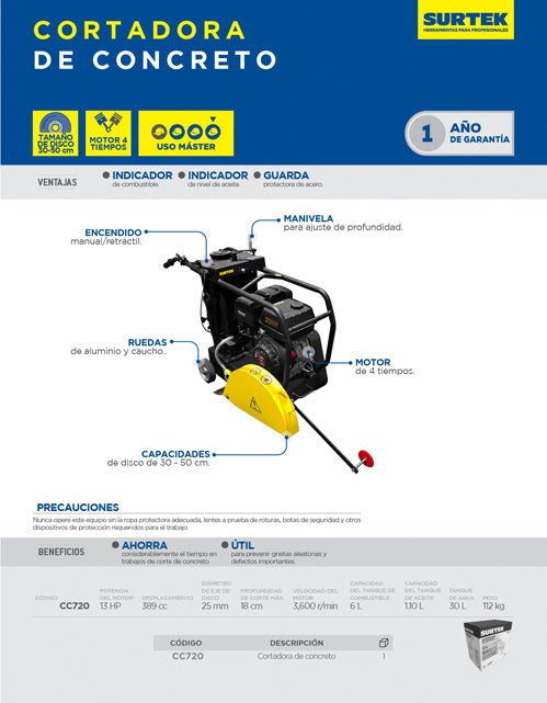 Cortadora concreto motor LONCIN 4 tiempos,13 HP, cilindrada 389cc, tanque agua 30L, capacidad disco 30 a 50 cm Surtek - FERRETERÍA WITZI