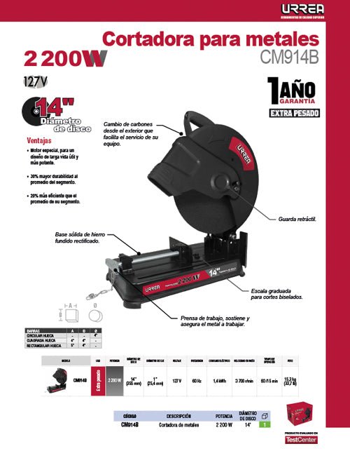 Cortadora de metales 14" 2,200 W 127 V Urrea - FERRETERÍA WITZI