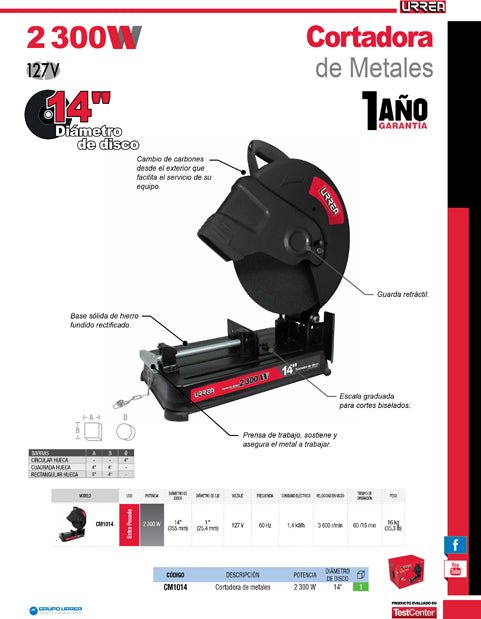Cortadora de metales 14" 2,300 W 127 V Urrea - FERRETERÍA WITZI