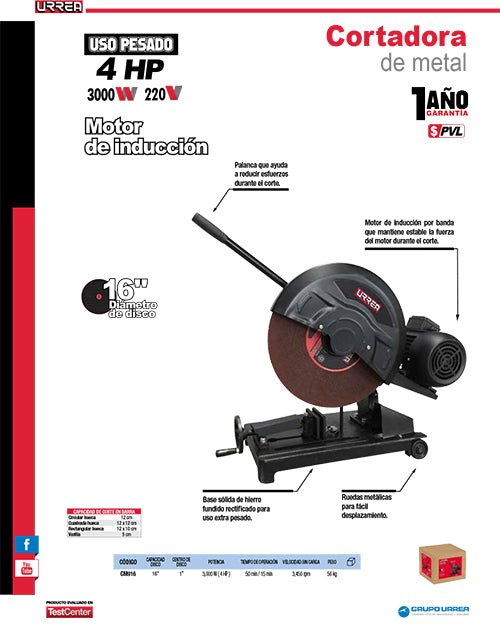 Cortadora de metales 16" 3,000 W 220 V Urrea - FERRETERÍA WITZI