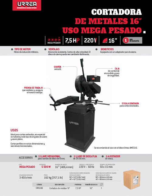 Cortadora de metales 16" 5,500 W 220 V Urrea - FERRETERÍA WITZI
