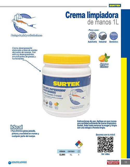 Crema desengrasante limpiadora de manos 1 Lt Surtek - FERRETERÍA WITZI