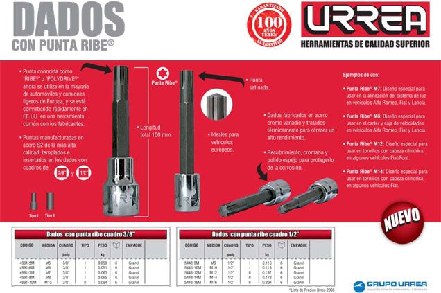 Dado con punta Ribe cuadro de 3/8", Urrea - FERRETERÍA WITZI