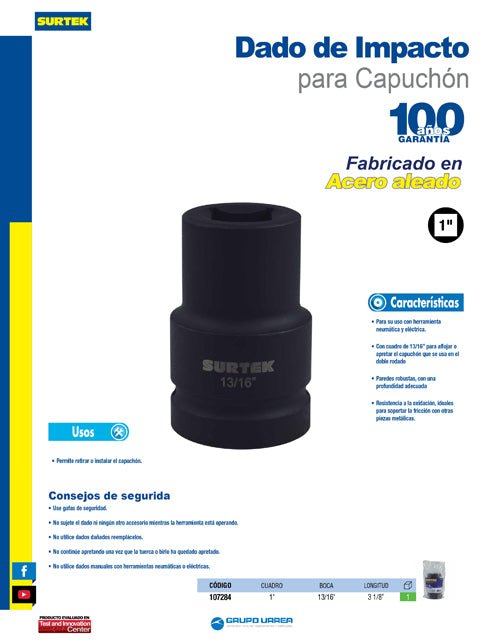 Dado de impacto, cuadro 1", para capuchón 13/16" Surtek - FERRETERÍA WITZI