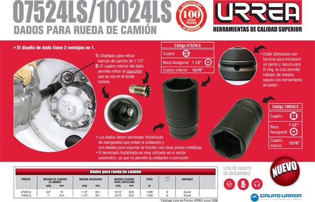 Dado de impacto en pulgadas cuadro de 1/2" para ruedas de camión, 1" x 1-1/2" Urrea - FERRETERÍA WITZI