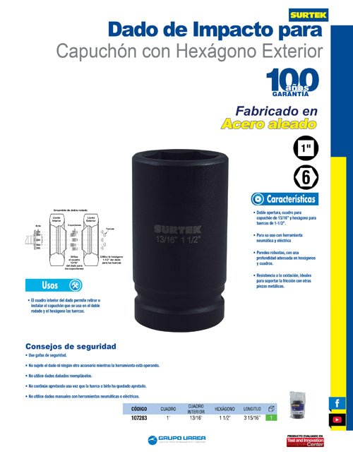 Dado de impacto pulgadas, doble apertura, cuadro para capuchón 13/16", 1-1/2" Surtek - FERRETERÍA WITZI