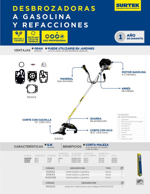 Desbrozadora a gasolina 16.3" 33 cc Surtek - FERRETERÍA WITZI