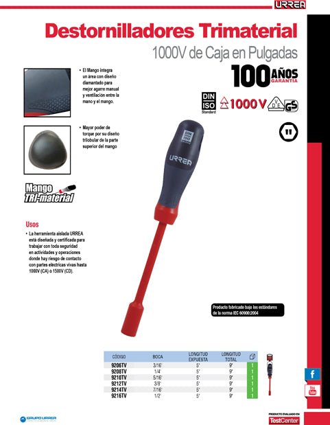 Destornillador con mango trimaterial 1000 V, de caja en pulgadas 5" Urrea - FERRETERÍA WITZI