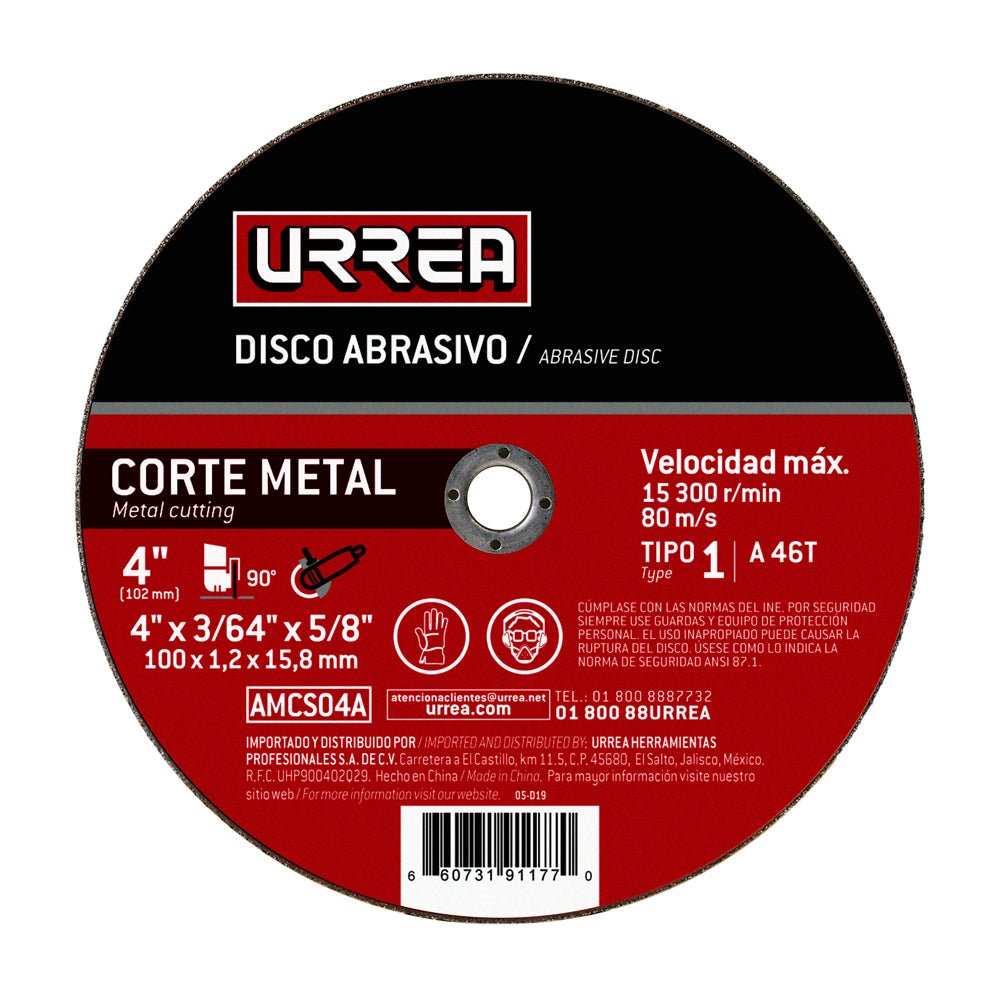 Disco abrasivo 4", 4000 rpm- 15 300 rpm tipo: 1 Urrea. - FERRETERÍA WITZI