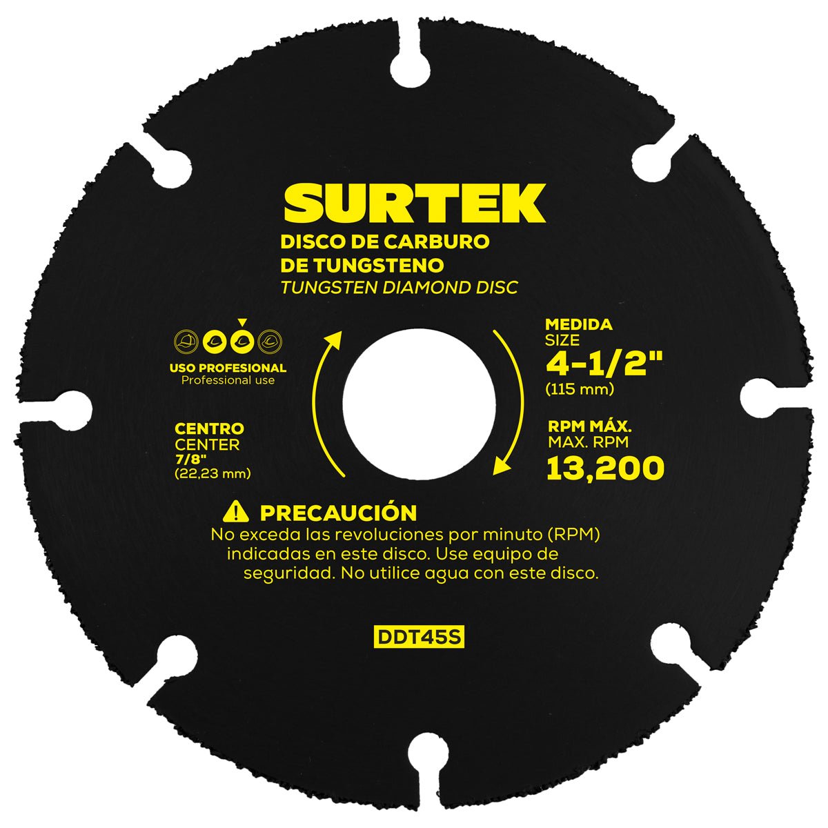 Disco de carburo de tungsteno segmentado multicorte, de 4-1/2" eje de 7/8" para esmeriladora angular, 13 200 rpm Surtek - FERRETERÍA WITZI