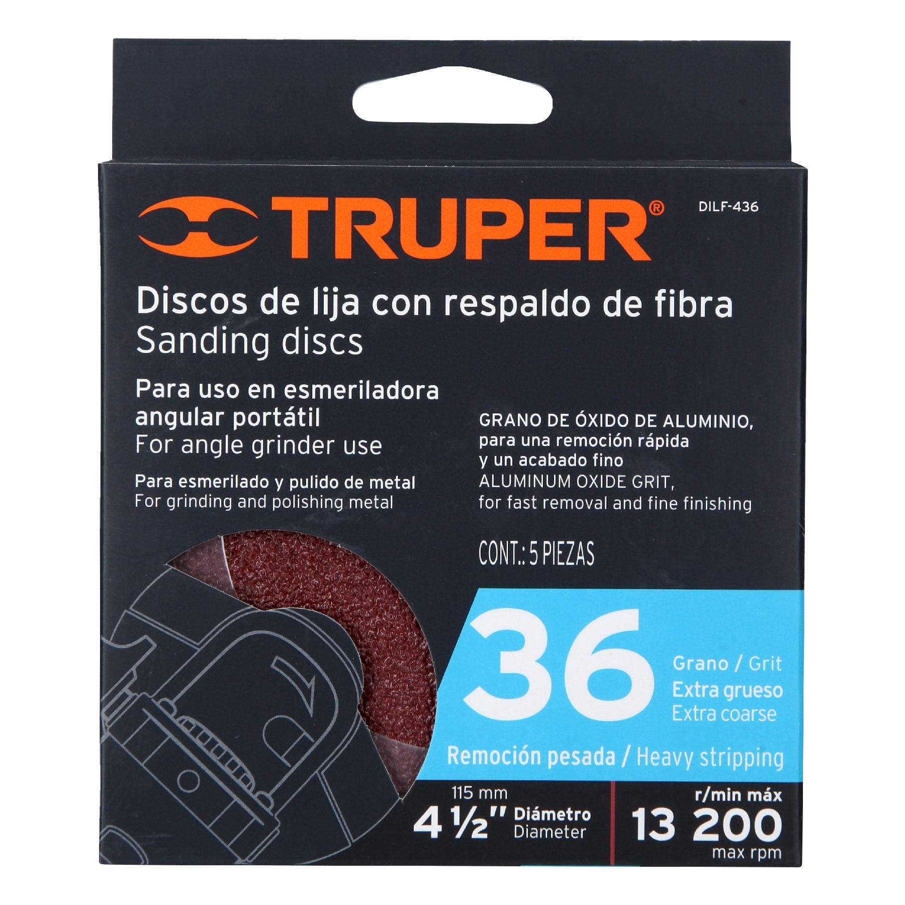 Disco de Lija 4-1/2" con Respaldo de Fibra, Grano 36 - FERRETERÍA WITZI