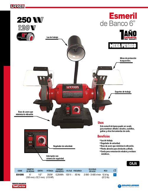 Esmeril de banco 6" 250 W 120 V Urrea - FERRETERÍA WITZI