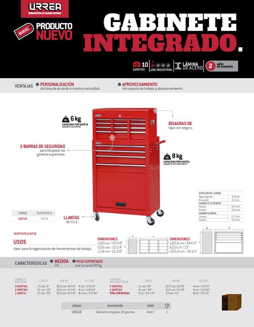 Gabinete integrado 10 gavetas 24" serie I Urrea - FERRETERÍA WITZI