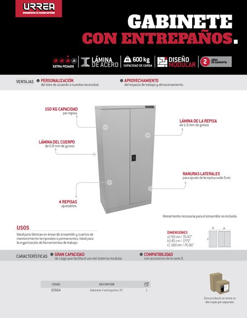 Gabinete modular 4 entrepaños 35" serie X Urrea - FERRETERÍA WITZI
