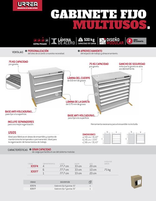 Gabinete modular fijo 4 gavetas 35" serie X Urrea - FERRETERÍA WITZI