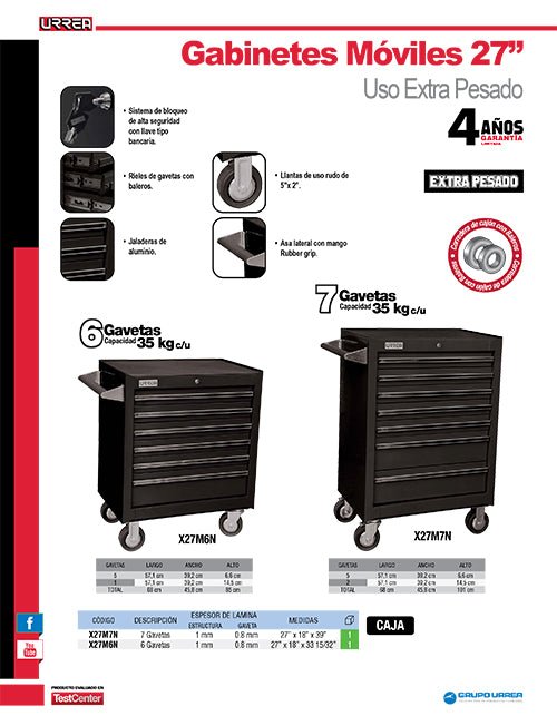 Gabinete móvil 7 gavetas 27" negro serie X Urrea - FERRETERÍA WITZI