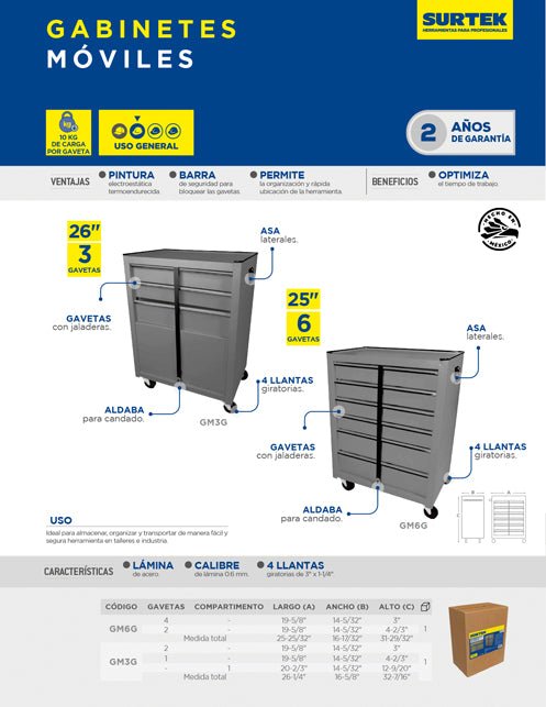Gabinete móvil color gris 3 gavetas 26" Surtek - FERRETERÍA WITZI