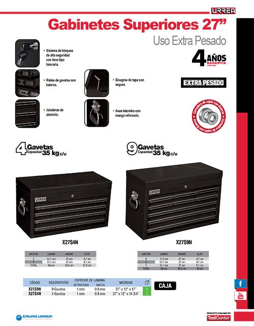 Gabinete superior 4 gavetas 27" negro serie X Urrea - FERRETERÍA WITZI