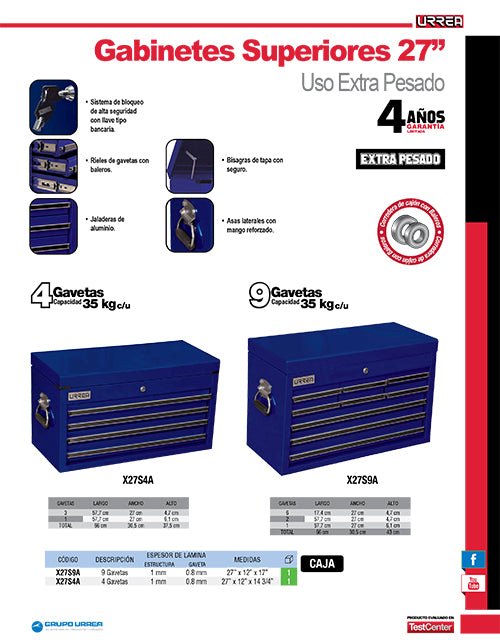 Gabinete superior 9 gavetas 27" azul serie X Urrea - FERRETERÍA WITZI