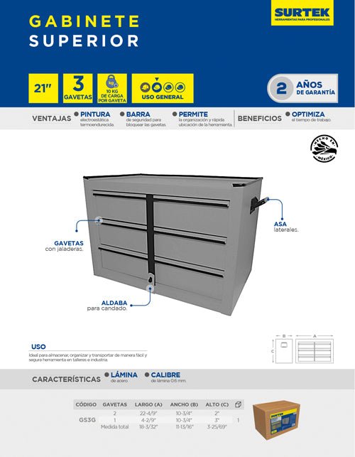 Gabinete superior color gris 3 gavetas 21" Surtek - FERRETERÍA WITZI