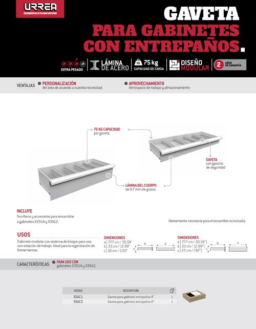 Gaveta para gabinete modular de entrepaños serie X Urrea - FERRETERÍA WITZI