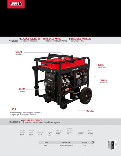 Generador a gasolina 13 kW, 713 cc, voltaje 120 V/ 240 V, arranque eléctrico, Urrea - FERRETERÍA WITZI