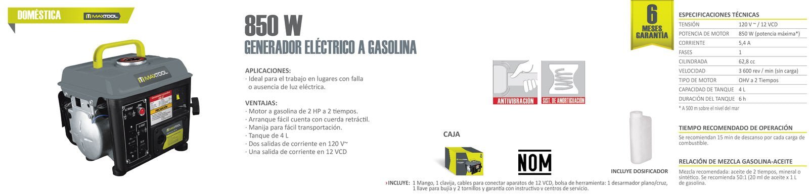 GENERADOR GASOLINA 850W MAXTOOL - FERRETERÍA WITZI