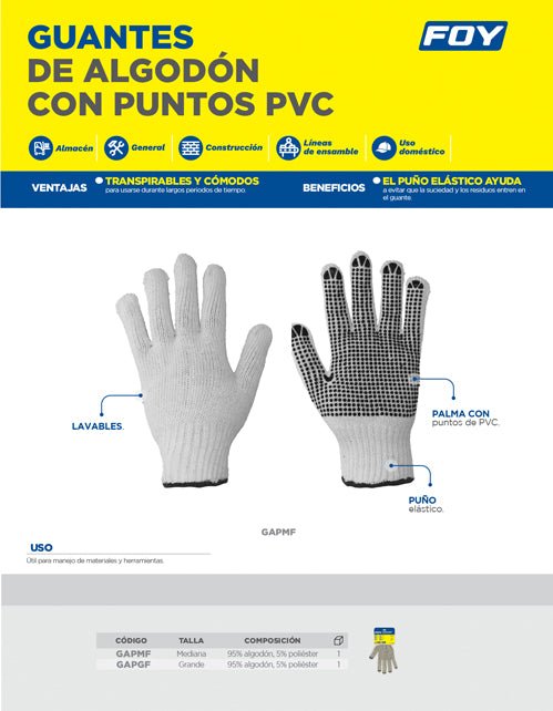Guante de algodón con puntos de PVC en palma, con puño elástico,Foy - FERRETERÍA WITZI