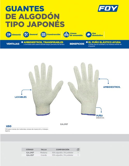 Guante de algodón tipo japonés con puño elástico, Foy - FERRETERÍA WITZI