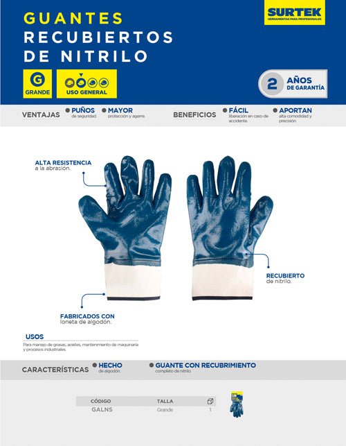 Guantes de algodón con recubrimiento de nitrilo talla G Surtek - FERRETERÍA WITZI
