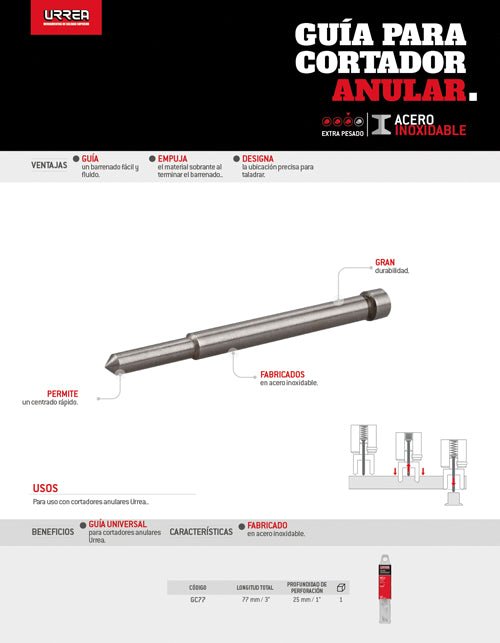 Guia para cortador anular 6.35" x 77 mm Urrea - FERRETERÍA WITZI